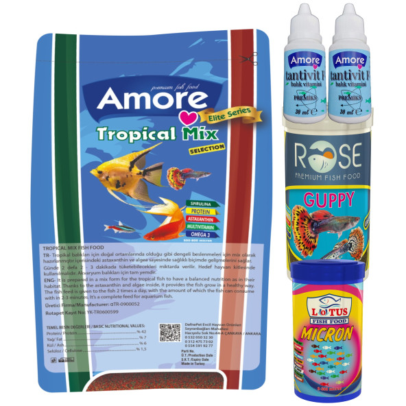 Amore Tetra-melek-lepistes-moli 5li Balık Yemi Seti,tropical Mix 460gr,guppy 250,micron Yavru