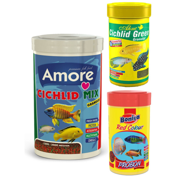 Amore Malawi Cichlid Mix 1000ml, Ahm Ciklet Green 250ml,Probon Red Colour 250ml Kutu Balık Yemi