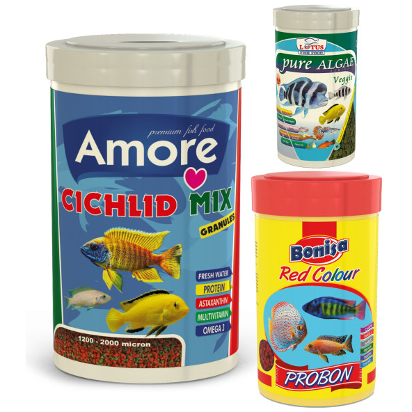 Amore Malawi Cichlid Mix 1000ml, Probon Red Colour 250ml, Pure Algae Veggie 100ml Kutu Balık Yemi