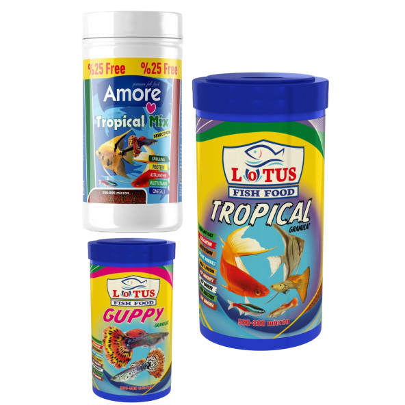 Amore Tropical Mix Selection 125ml, Lotus Tropikal 250ml, Guppy Granül 100ml Balık Yemi Set