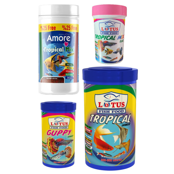 Amore Tropical Mix Selection 125ml, Lotus Tropikal 250ml, Guppy Granül 100ml, Tropik 100ml Pul Balık Yemi
