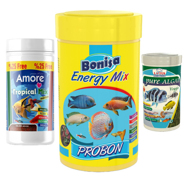 Amore Tropical Mix Selection 125ml, Bonisa Energy Mix 250ml, Pure Algae Pro 100ml Tropik Balık Yemi Set