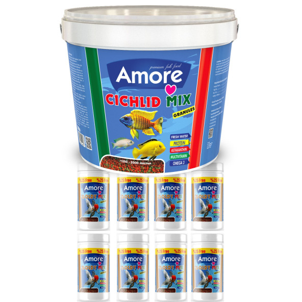 Amore Malawi Ciklet Mix Granules Karışık 3kg Kova, Goldy Mix Granules 8 adet 125ml Kutu Japon Balığı Yemi