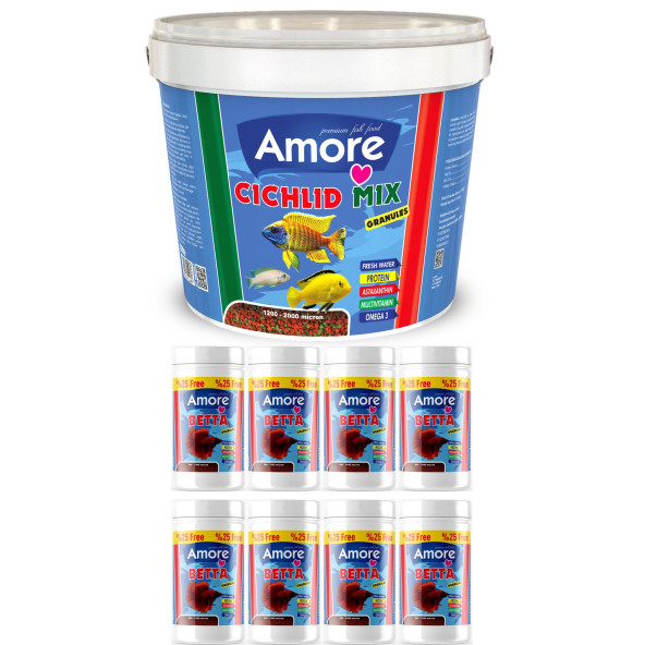 Amore Malawi Ciklet Mix Granules Karışık 3kg Kova, Betta Granules 8 adet 125ml Kutu Beta Balık Yemi