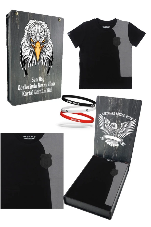 Beşiktaş Orijinal Sıfır Yaka Çocuk T-shirt + Bileklik Set Hediyelik Ahşap Kutulu - Resim 4