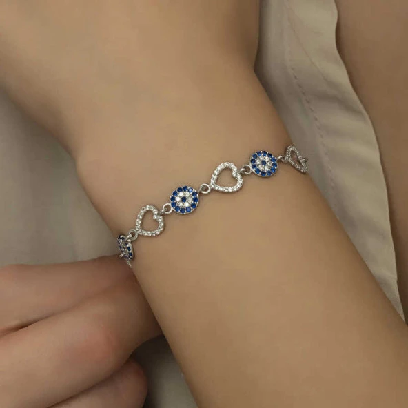 925 Ayar Gümüş Kalpli Nazar Bileklik - Resim 4