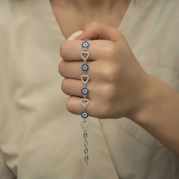 925 Ayar Gümüş Kalpli Nazar Bileklik - Resim 5