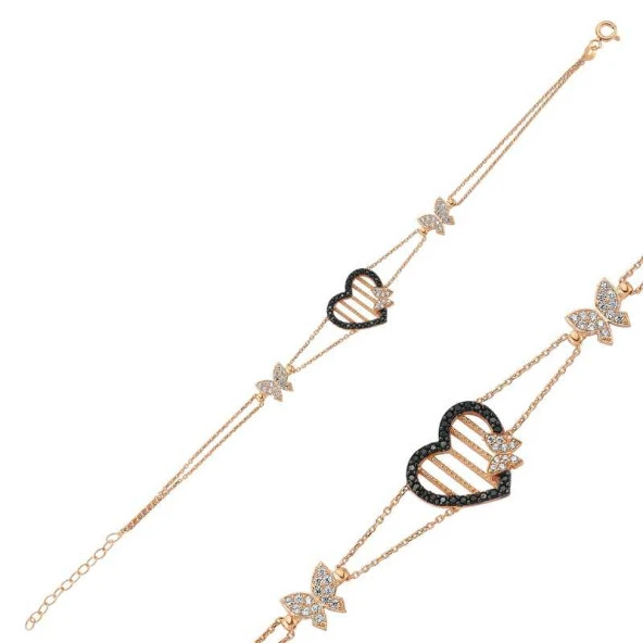 925 Ayar Gümüş Rose Kalpli Kelebek Bileklik - Resim 2