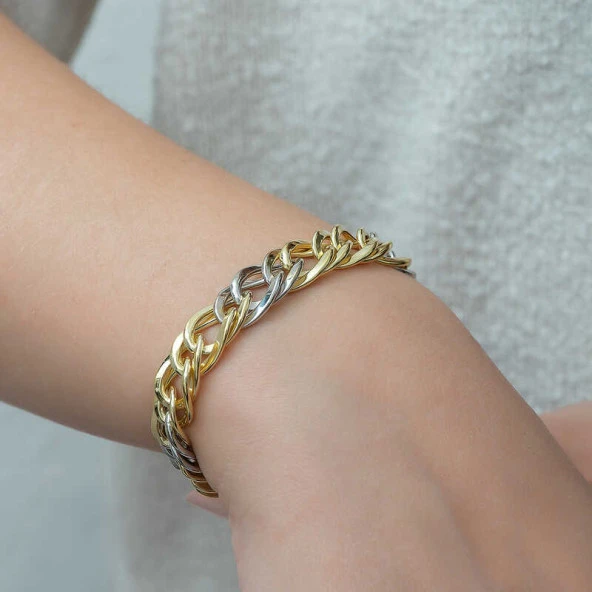 ​925 Ayar Gümüş İki Renkli Zincir Bileklik - Resim 4