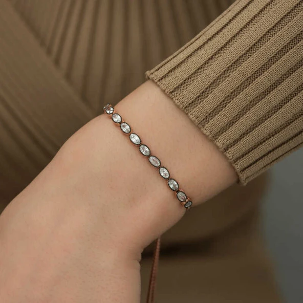 Gümüş Rose Oval Kesim Elmas Montür Asansör Bileklik - Resim 3