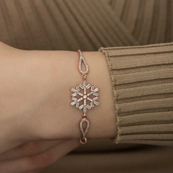 925 Ayar Gümüş Rose Baget Taşlı Kar Tanesi Bileklik - 2