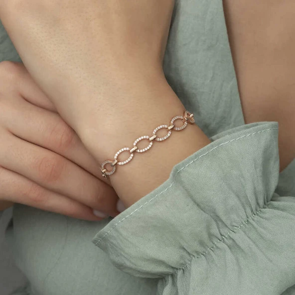 925 Ayar Gümüş Rose Oval Taşlı Bileklik - Resim 3