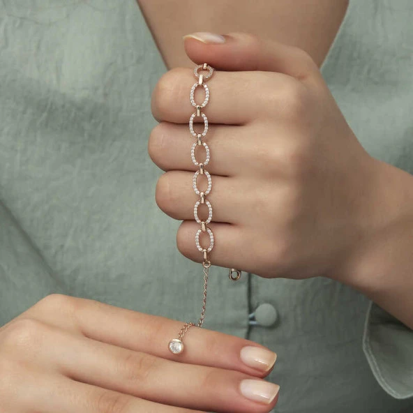 925 Ayar Gümüş Rose Oval Taşlı Bileklik - Resim 4