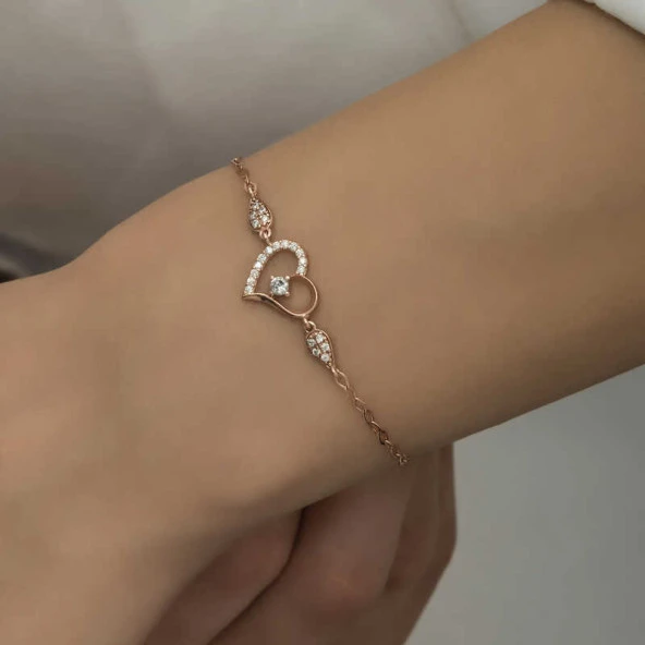 925 Ayar Gümüş Rose Kalpli Tektaş Kadın Bileklik - Resim 2