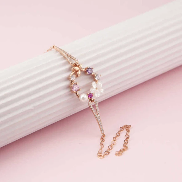 Gümüş Rose Kalp Manolya Çiçeği Kelebek Kadın Bileklik ürün görseli 1