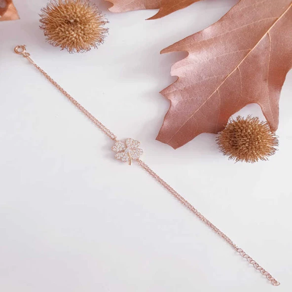 925 Ayar Gümüş Rose Kalpli Yonca Kadın Bileklik ürün görseli 1