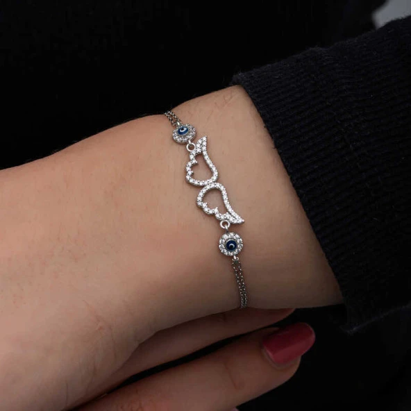 925 Ayar Gümüş Nazarlı Melek Kanadı Kadın Bileklik - Resim 3