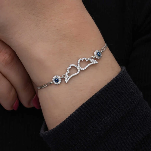 925 Ayar Gümüş Nazarlı Melek Kanadı Kadın Bileklik - Resim 5