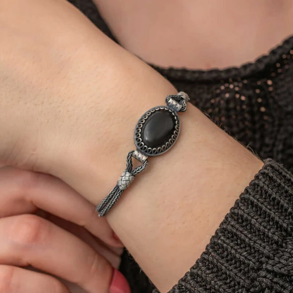 Gümüş Oniks Taşlı Kazaziye Bileklik - Resim 3