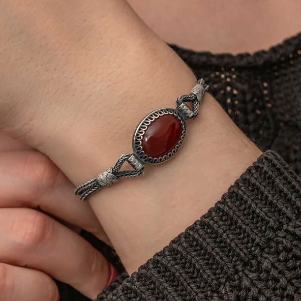 Gümüş Akik Taşlı Kazaziye Bileklik - Resim 5