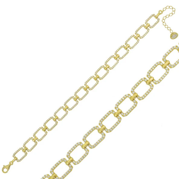 925 Ayar Gümüş Gold Kare Taşlı Bileklik