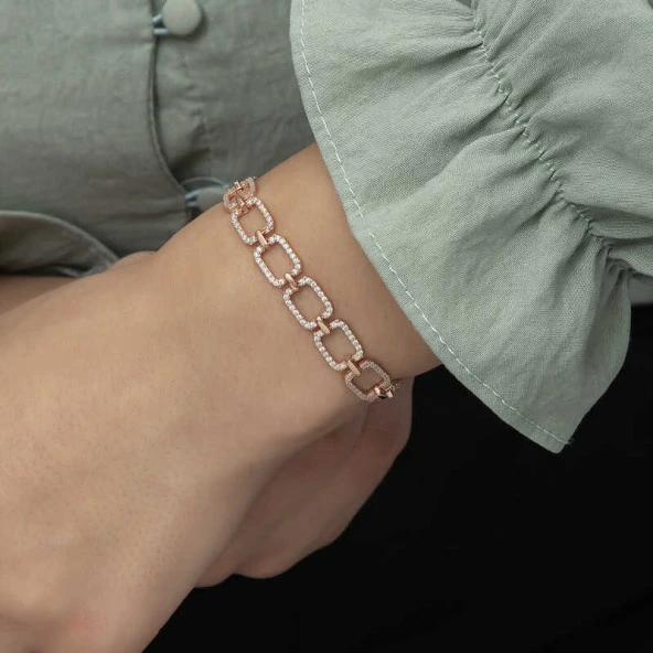 925 Ayar Gümüş Rose Kare Taşlı Bileklik - 5
