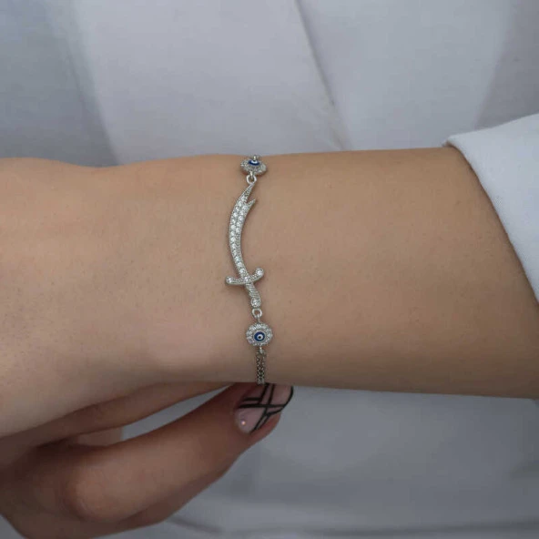 925 Ayar Gümüş Nazarlı Zülfikar Kılıcı Kadın Bileklik - Resim 2