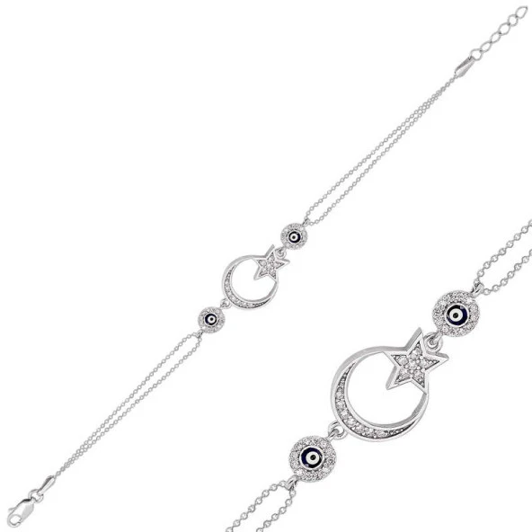 925 Ayar Gümüş Ay Yıldız Nazar Bileklik ürün görseli 1