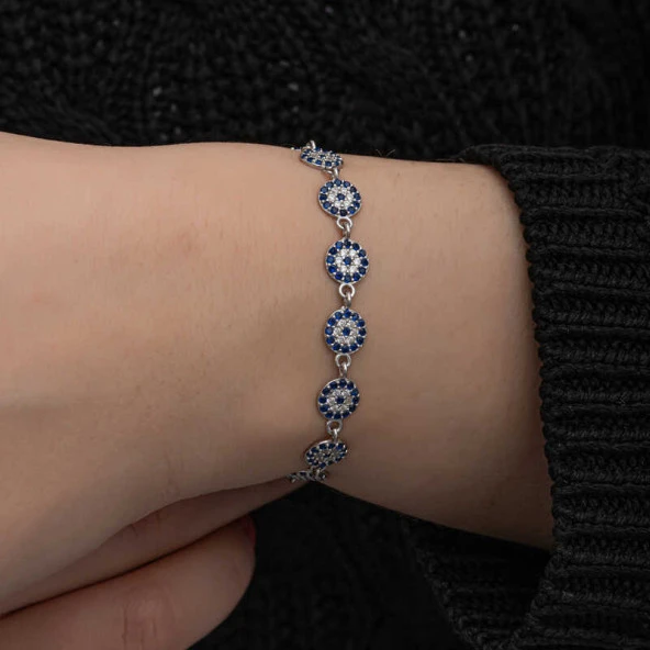 ​925 Ayar Gümüş Nazar Boncuklu Kadın Bileklik - Resim 5