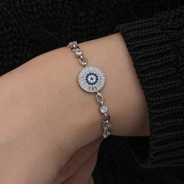 ​925 Ayar Gümüş Baget Taşlı Nazar Kadın Bileklik ürün görseli 1