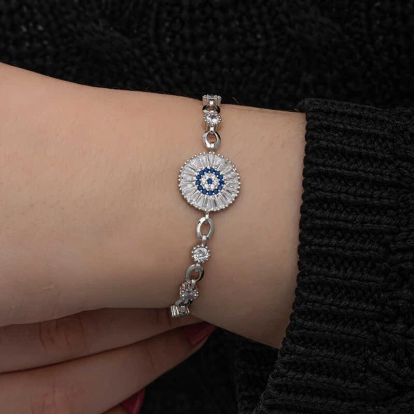 ​925 Ayar Gümüş Baget Taşlı Nazar Kadın Bileklik - Resim 4