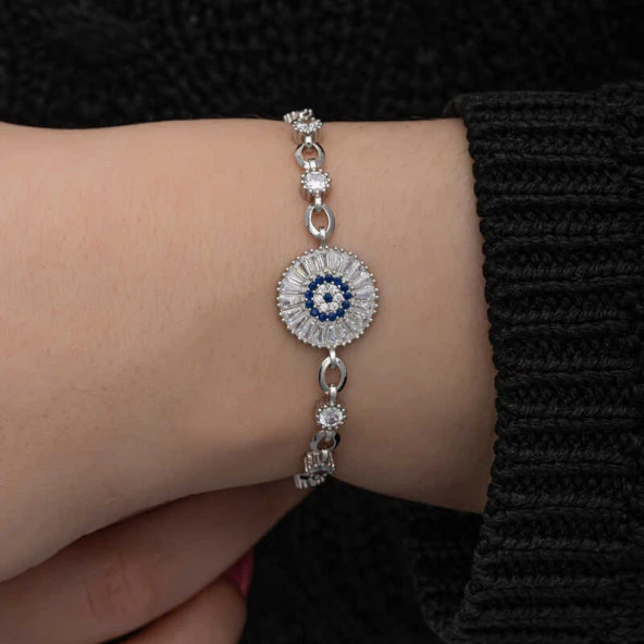 ​925 Ayar Gümüş Baget Taşlı Nazar Kadın Bileklik - Resim 5