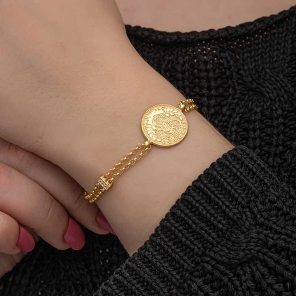 925 Ayar Gümüş Gold Kaplama Tuğralı Kadın Bileklik - Resim 5