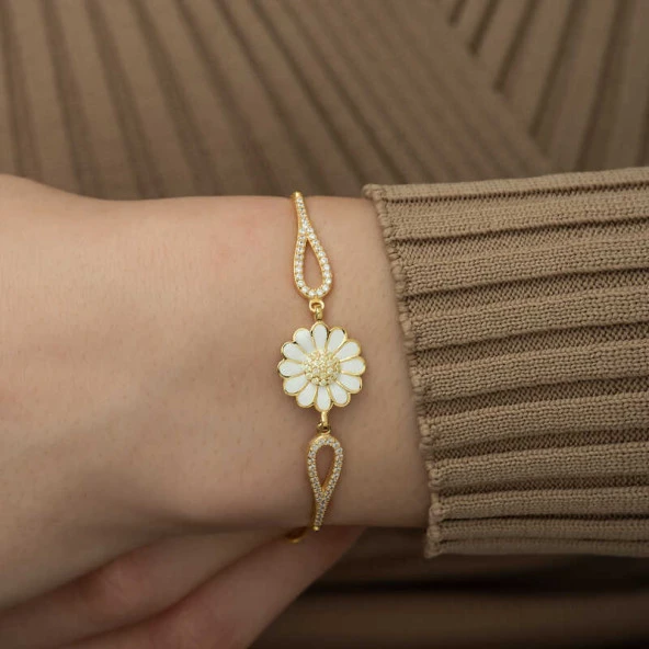 ​925 Ayar Gümüş Gold Papatya Bileklik - Resim 2
