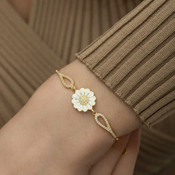 ​925 Ayar Gümüş Gold Papatya Bileklik - Resim 3