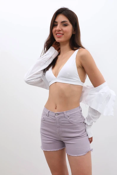 Kadın Yüksek Bel Püsküllü Lila Jean Şort - 2