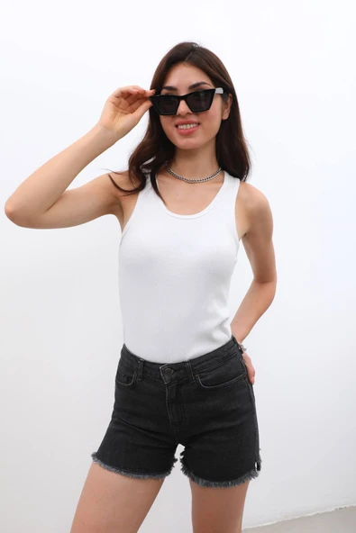 Kadın Yüksek Bel Püsküllü Antrasit Jean Şort - 3