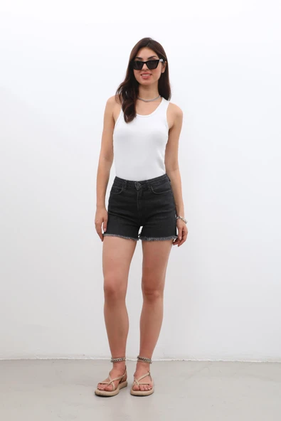 Kadın Yüksek Bel Püsküllü Antrasit Jean Şort - Resim 5