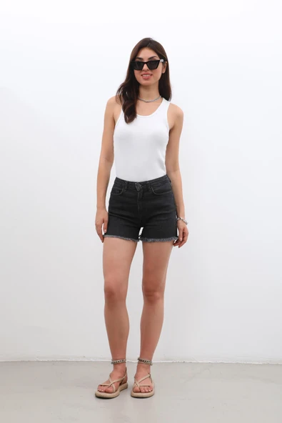 Kadın Yüksek Bel Püsküllü Antrasit Jean Şort - 5