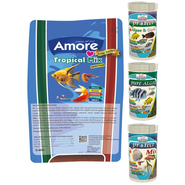 Amore Tropical Mix Selection 460gr, Lotus Protect 3 Pro 100ml Tropik Balık Yemi Set