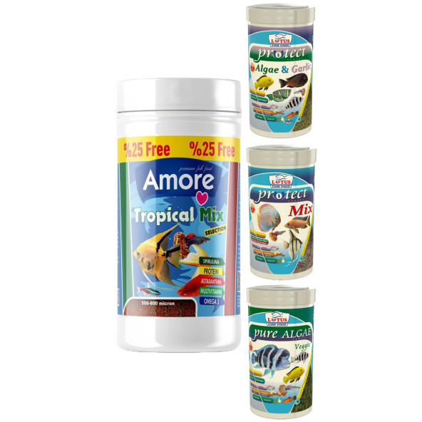 Amore Tropical Mix Selection 125ml, Lotus Protect 3 Pro 100ml Tropik Balık Yemi Set