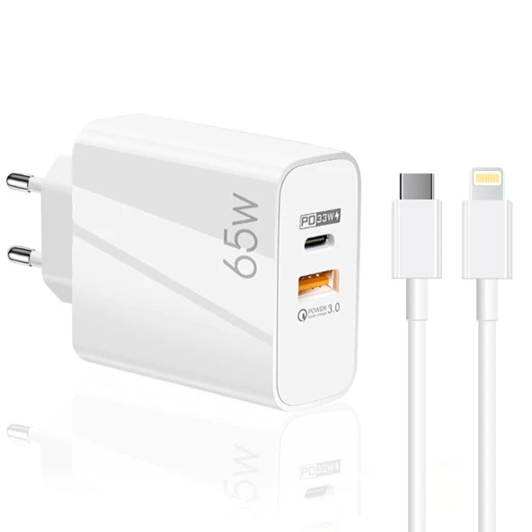 ScHitec 65W UsbA PD33W Quick Charger 3.0 Type-C to Lightning 2m Kablolu Hızlı Şarj Aleti Set