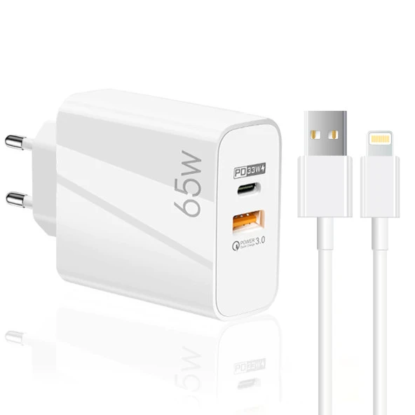 ScHitec 65W UsbA PD33W Quick Charger 3.0 UsbA to Lightning 3m Kablolu Hızlı Şarj Aleti Set