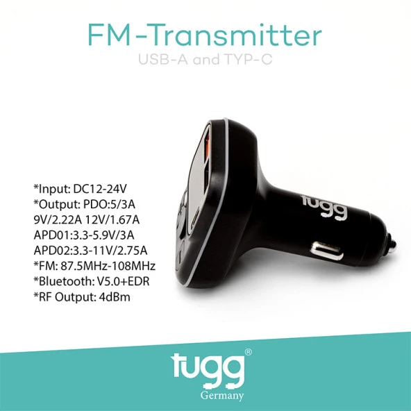 Tugg Germany FM Transmitter Araç Şarj Başlık C32 104961 - 3