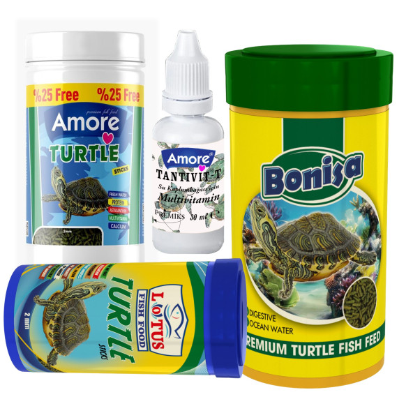 Amore Turtle Green Sticks 125 + 250 + 100 ml Bonisa, Lotus Su Kaplumbağası Yemi ve Vitamin Seti