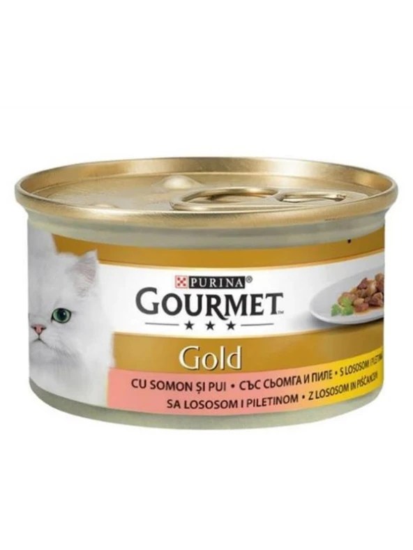 Gourmet Gold Parça Etli Soslu Somonlu Tavuklu Kedi Konservesi 85 gr