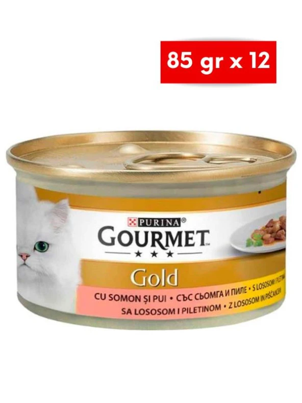 Gourmet Gold Parça Etli Soslu Somonlu Tavuklu Kedi Konservesi 85 gr x 12 Adet