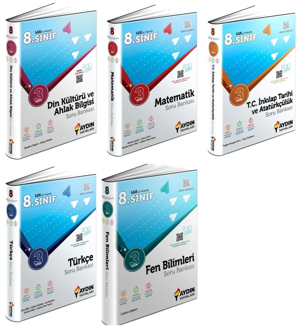 Aydın 2024 8. Sınıf Matematik + Türkçe + Fen + İnkılap + Din Üç Adım Soru Seti 5 Kitap