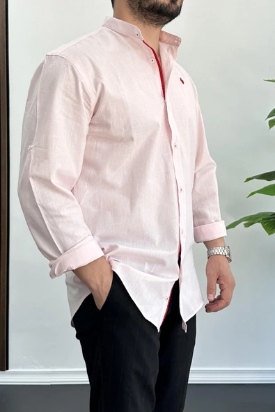 Erkek Slim Fit Keten Görünümlü Pamuklu Gömlek Pembe Edw087 - 2