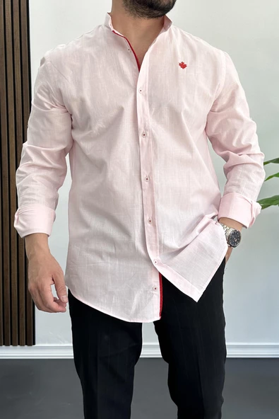 Erkek Slim Fit Keten Görünümlü Pamuklu Gömlek Pembe Edw087
